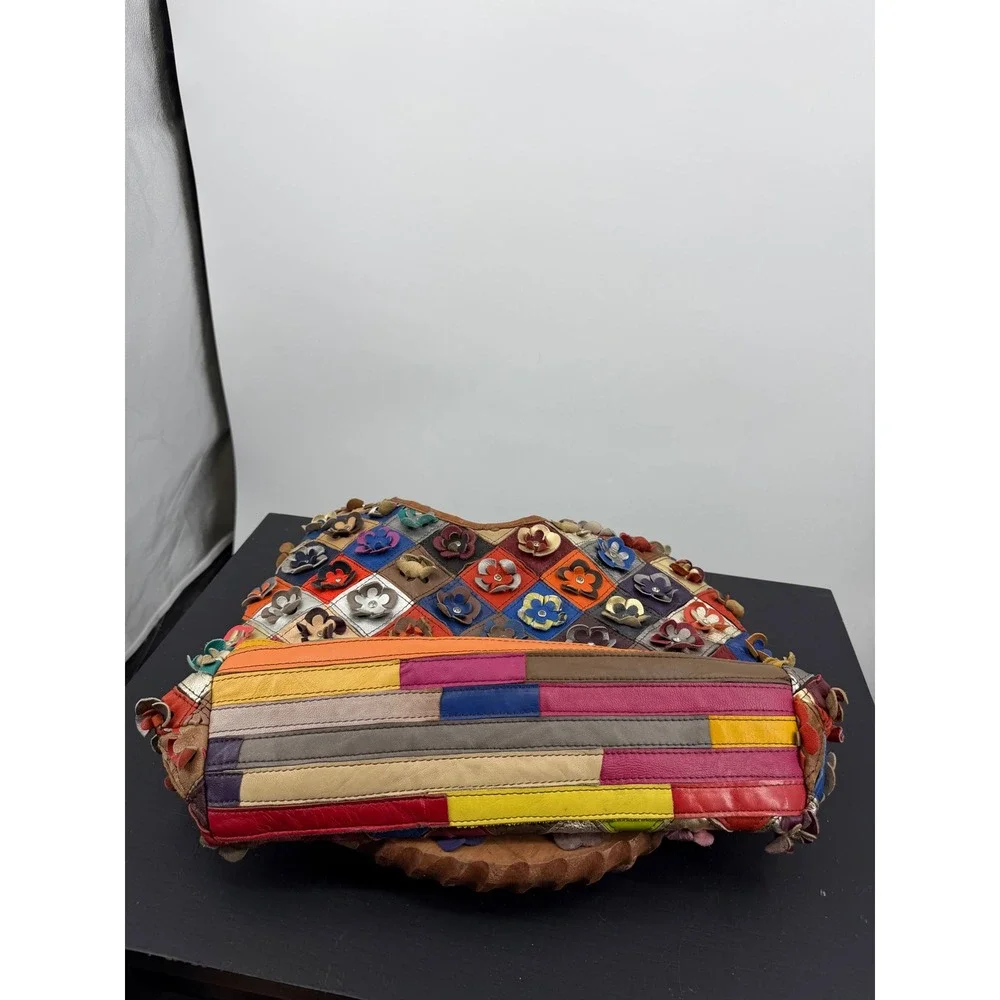 Unbranded Patchwork Floral Leather Hobo Bag Womens Medium Multi Color 3D Flower